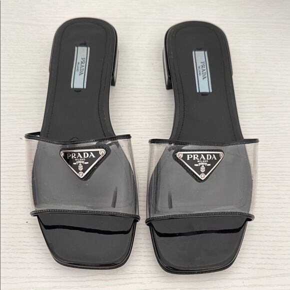 Prada Black & Clear PVC Flat Logo Sandals Size EU 37.5 US 7.5 Authentic Shoes - Picture 1 of 6